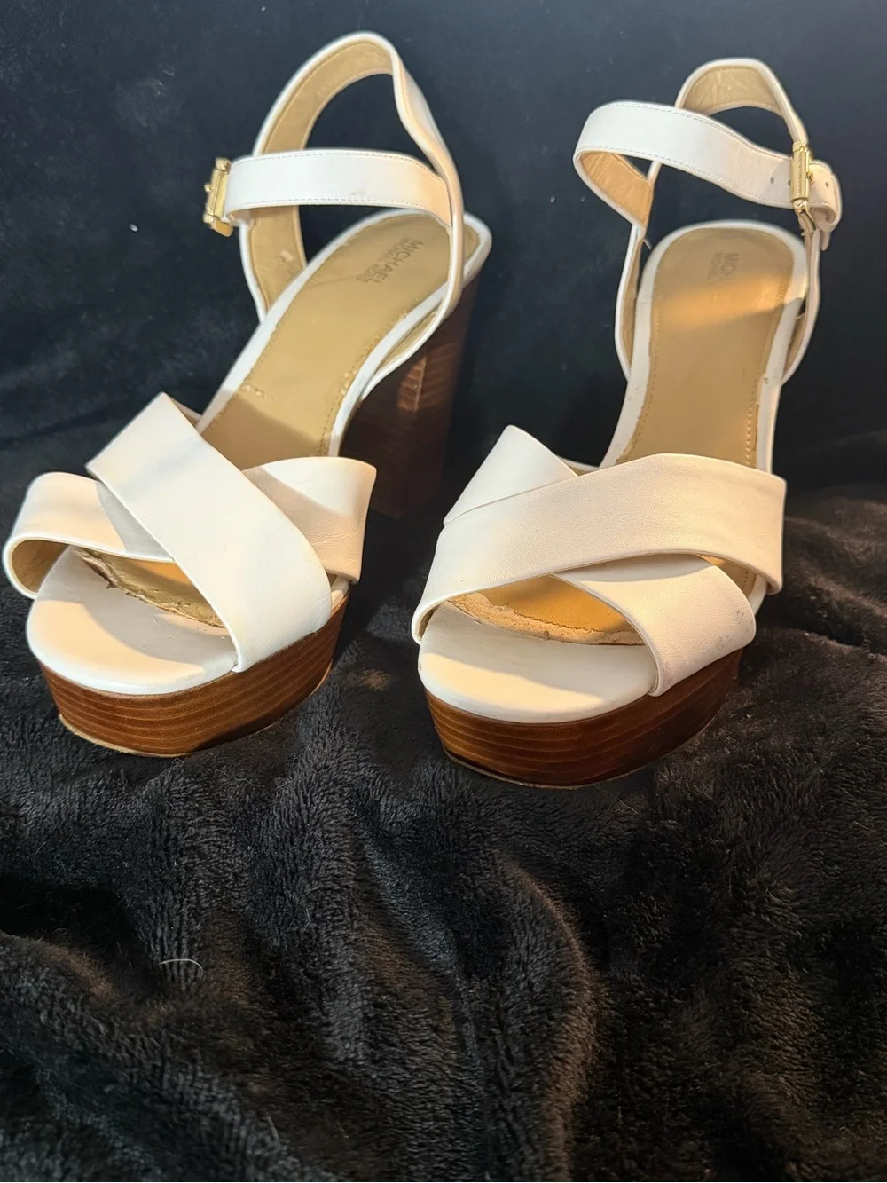 Michael Kors White Leather Cross-Strap Platform Sandals-size 10-Good Cond.